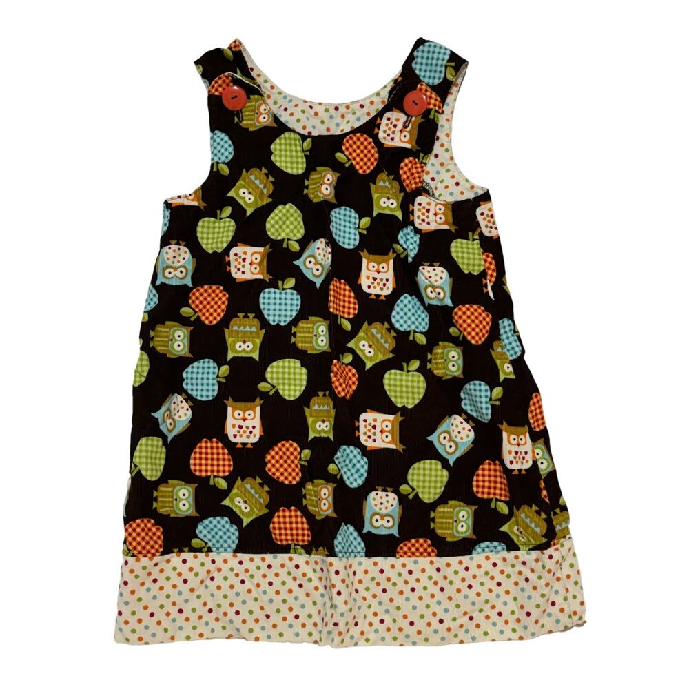 Toddler Girls Overall Dress 5T Owls Apples Corduroy Fall Autumn School Brown
